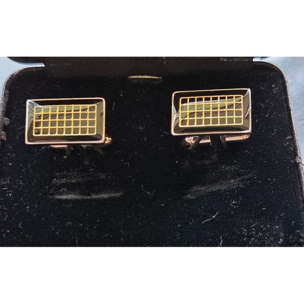 David Donahue Mens Rectangular Black Enamel Gold Grid Cufflinks Silver Tone OS